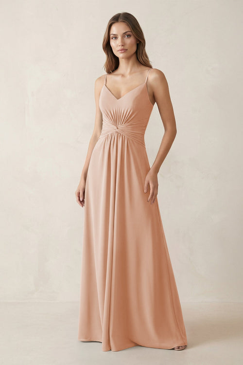 Spaghetti Strap Ruched Chiffon A - Line Bridesmaid Dress in Champagne Rose - KissProm Bridesmaid Dresses