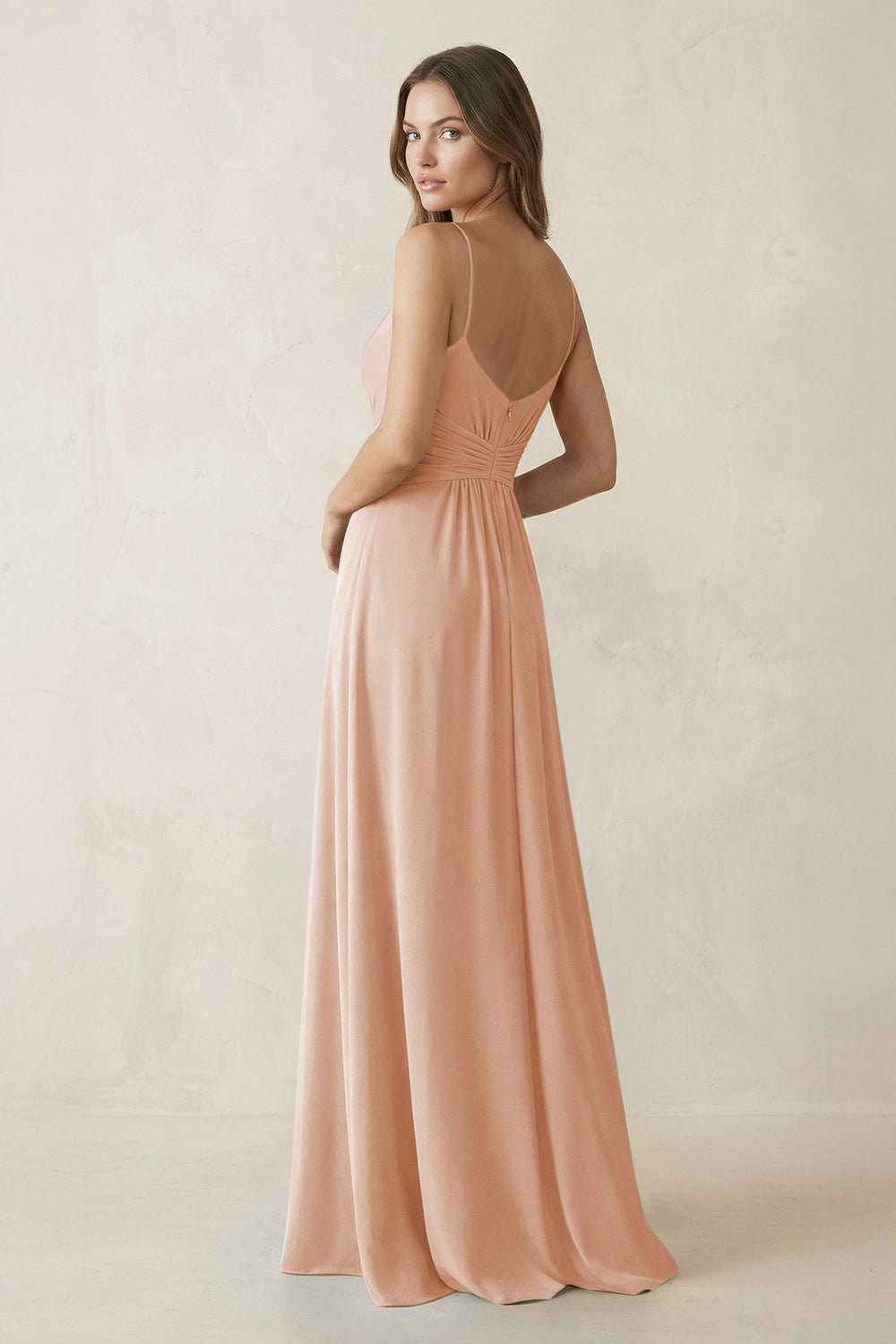 Spaghetti Strap Ruched Chiffon A - Line Bridesmaid Dress in Champagne Rose - KissProm Bridesmaid Dresses