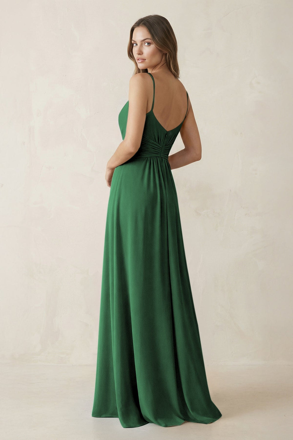 Spaghetti Strap Ruched Chiffon A - Line Bridesmaid Dress in Dark Green - KissProm Bridesmaid Dresses