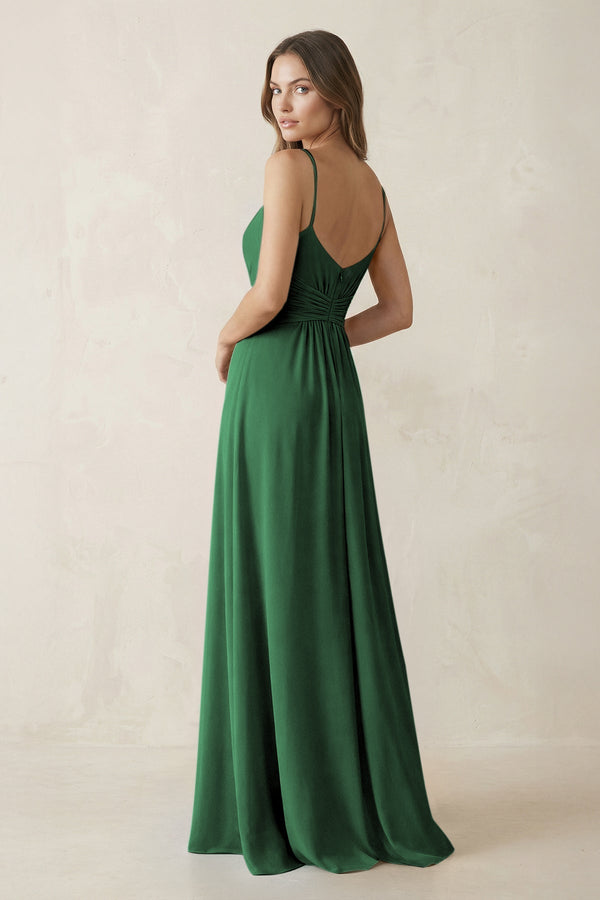Spaghetti Strap Ruched Chiffon A - Line Bridesmaid Dress in Dark Green - KissProm Bridesmaid Dresses