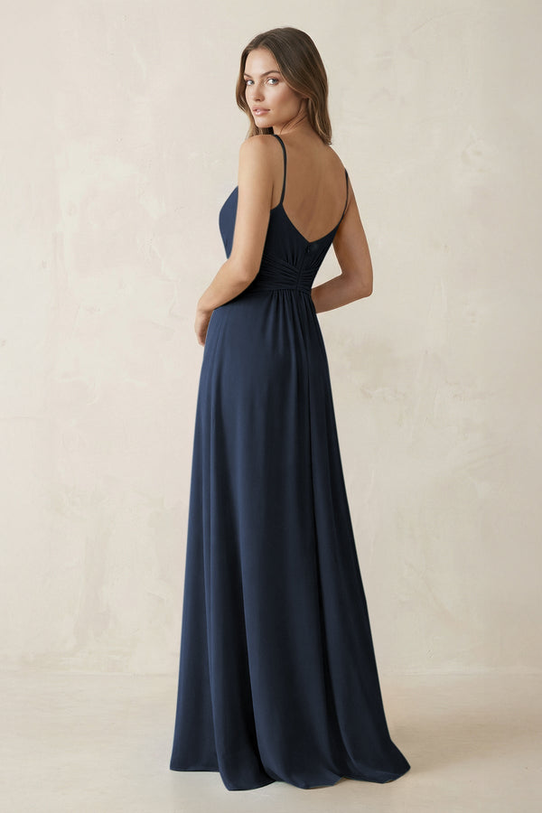 Spaghetti Strap Ruched Chiffon A - Line Bridesmaid Dress in Dark Navy - KissProm Bridesmaid Dresses