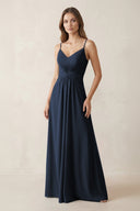 Spaghetti Strap Ruched Chiffon A - Line Bridesmaid Dress in Dark Navy - KissProm Bridesmaid Dresses