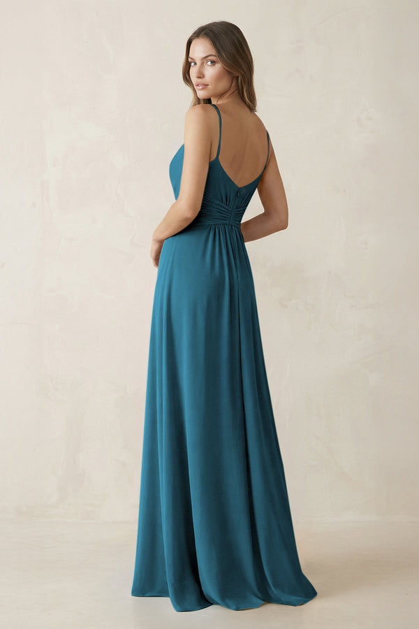 Spaghetti Strap Ruched Chiffon A - Line Bridesmaid Dress in Dark Teal - KissProm Bridesmaid Dresses