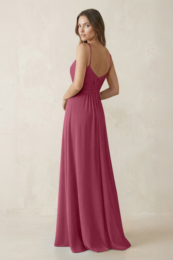 Spaghetti Strap Ruched Chiffon A - Line Bridesmaid Dress in Desert Rose - KissProm Bridesmaid Dresses