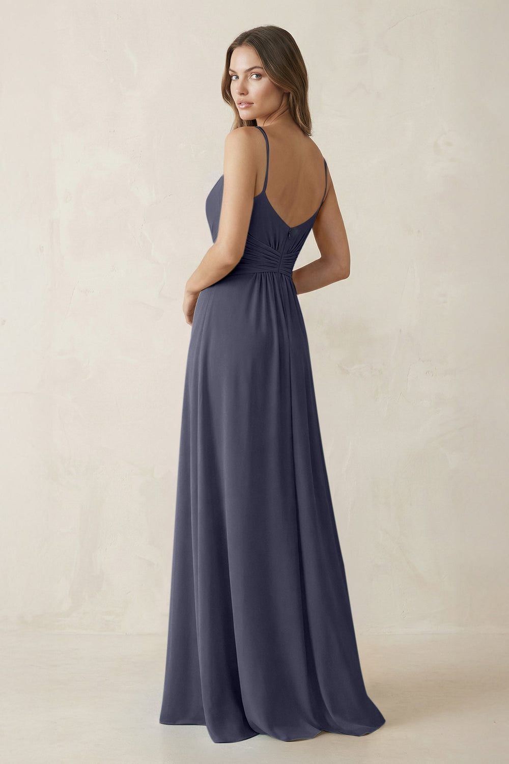 Spaghetti Strap Ruched Chiffon A - Line Bridesmaid Dress in Dusk Blue - KissProm Bridesmaid Dresses