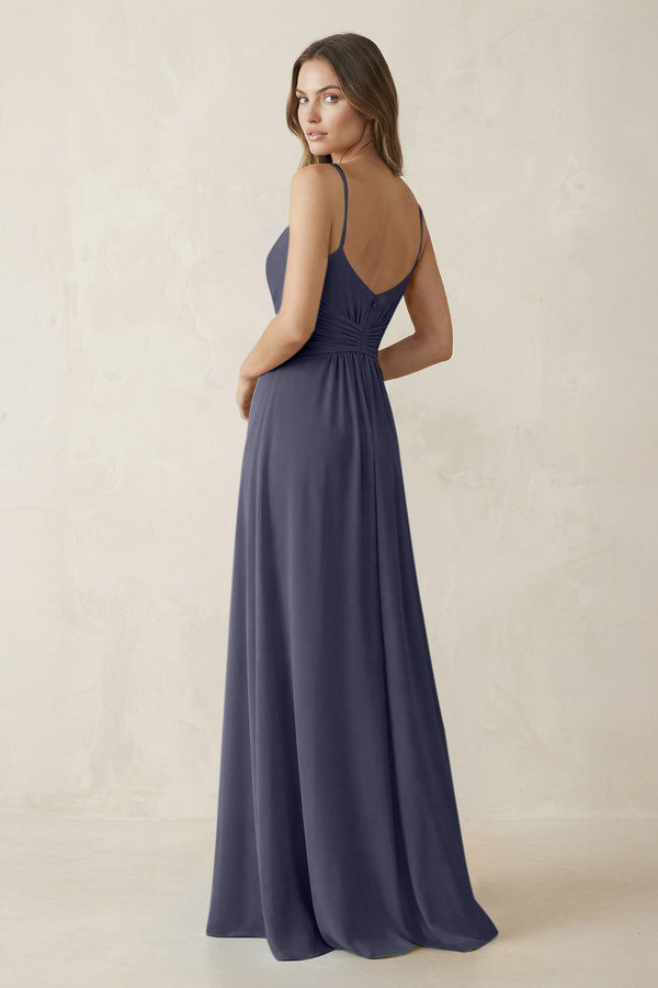 Spaghetti Strap Ruched Chiffon A - Line Bridesmaid Dress in Dusk Blue - KissProm Bridesmaid Dresses