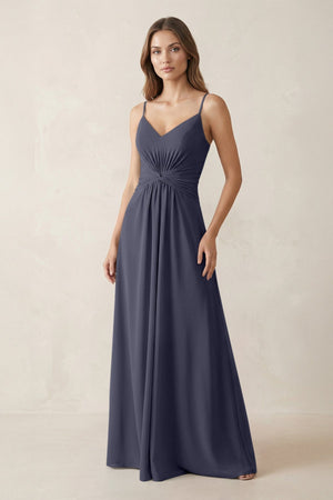 Spaghetti Strap Ruched Chiffon A - Line Bridesmaid Dress in Dusk Blue - KissProm Bridesmaid Dresses