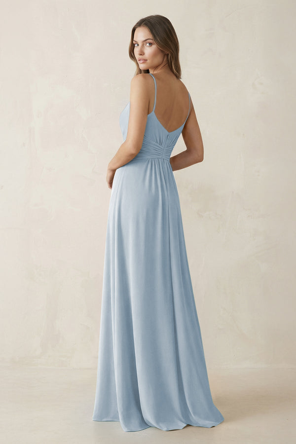 Spaghetti Strap Ruched Chiffon A - Line Bridesmaid Dress in Dusty Blue - KissProm Bridesmaid Dresses
