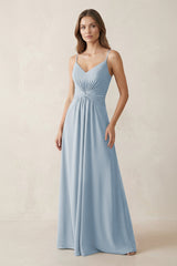 Spaghetti Strap Ruched Chiffon A - Line Bridesmaid Dress in Dusty Blue - KissProm Bridesmaid Dresses