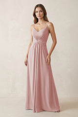 Spaghetti Strap Ruched Chiffon A - Line Bridesmaid Dress in Dusty Rose - KissProm Bridesmaid Dresses