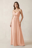 Spaghetti Strap Ruched Chiffon A - Line Bridesmaid Dress in English Rose - KissProm Bridesmaid Dresses