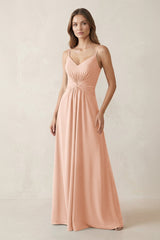 Spaghetti Strap Ruched Chiffon A - Line Bridesmaid Dress in English Rose - KissProm Bridesmaid Dresses