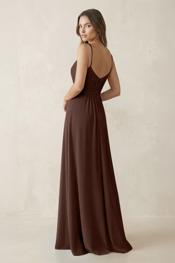 Spaghetti Strap Ruched Chiffon A - Line Bridesmaid Dress in Espresso - KissProm Bridesmaid Dresses