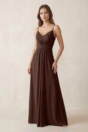 Spaghetti Strap Ruched Chiffon A - Line Bridesmaid Dress in Espresso - KissProm Bridesmaid Dresses