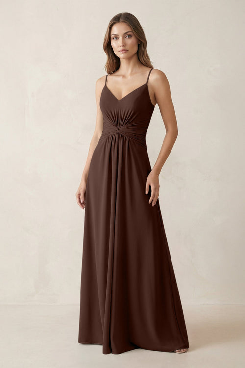 Spaghetti Strap Ruched Chiffon A - Line Bridesmaid Dress in Espresso - KissProm Bridesmaid Dresses