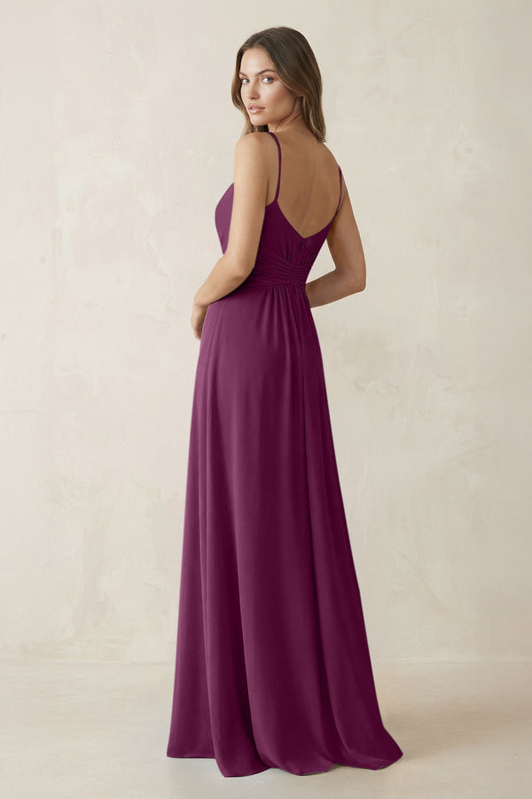 Spaghetti Strap Ruched Chiffon A - Line Bridesmaid Dress in Fig - KissProm Bridesmaid Dresses