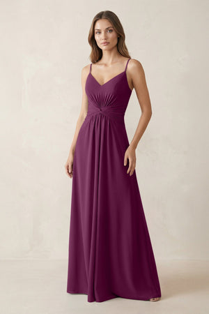 Spaghetti Strap Ruched Chiffon A - Line Bridesmaid Dress in Fig - KissProm Bridesmaid Dresses