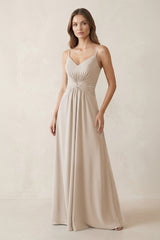 Spaghetti Strap Ruched Chiffon A - Line Bridesmaid Dress in Frost - KissProm Bridesmaid Dresses