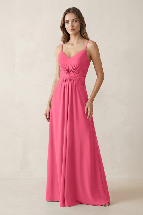 Spaghetti Strap Ruched Chiffon A - Line Bridesmaid Dress in Fuchsia - KissProm Bridesmaid Dresses