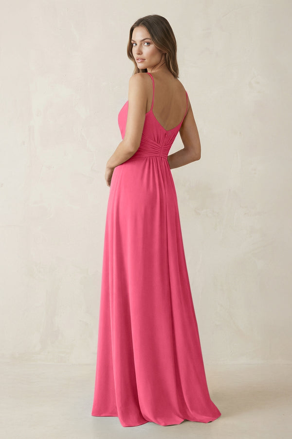 Spaghetti Strap Ruched Chiffon A - Line Bridesmaid Dress in Fuchsia - KissProm Bridesmaid Dresses