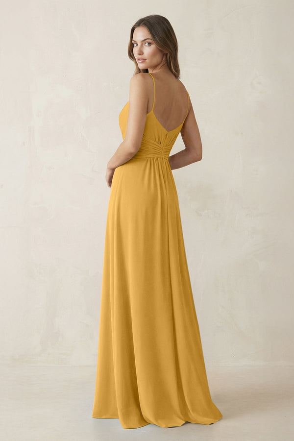 Spaghetti Strap Ruched Chiffon A - Line Bridesmaid Dress in Marigold - KissProm Bridesmaid Dresses