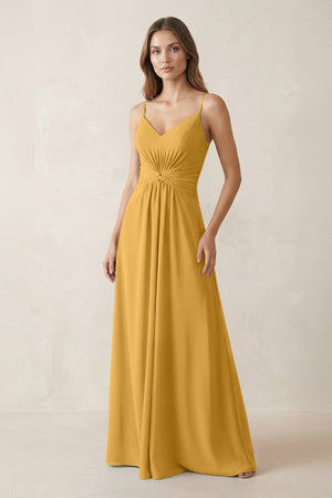 Spaghetti Strap Ruched Chiffon A - Line Bridesmaid Dress in Marigold - KissProm Bridesmaid Dresses