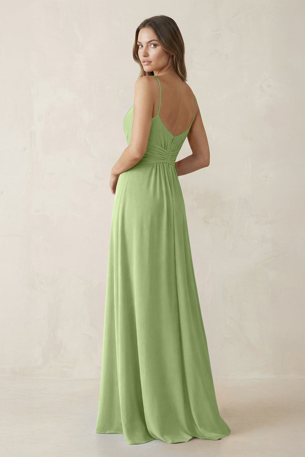 Spaghetti Strap Ruched Chiffon A - Line Bridesmaid Dress in Matcha - KissProm Bridesmaid Dresses