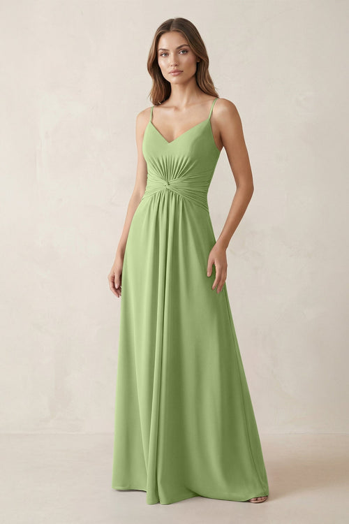 Spaghetti Strap Ruched Chiffon A - Line Bridesmaid Dress in Matcha - KissProm Bridesmaid Dresses
