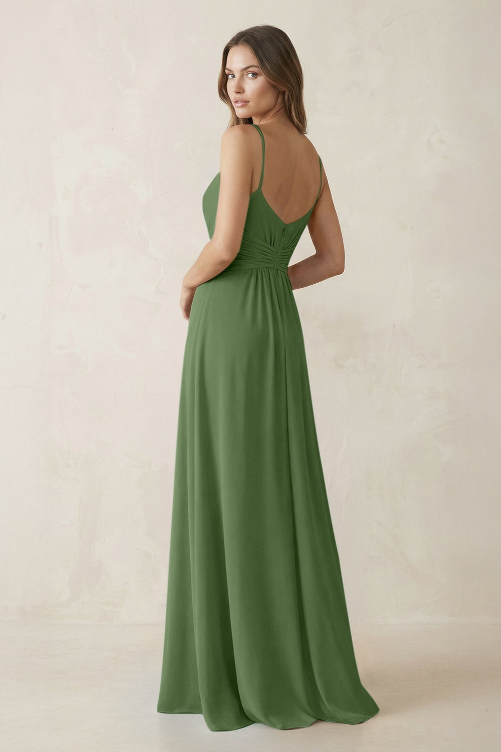 Spaghetti Strap Ruched Chiffon A - Line Bridesmaid Dress in Moss - KissProm Bridesmaid Dresses