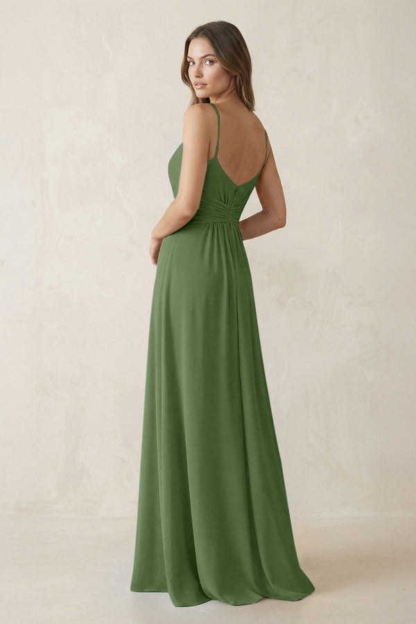 Spaghetti Strap Ruched Chiffon A - Line Bridesmaid Dress in Moss - KissProm Bridesmaid Dresses
