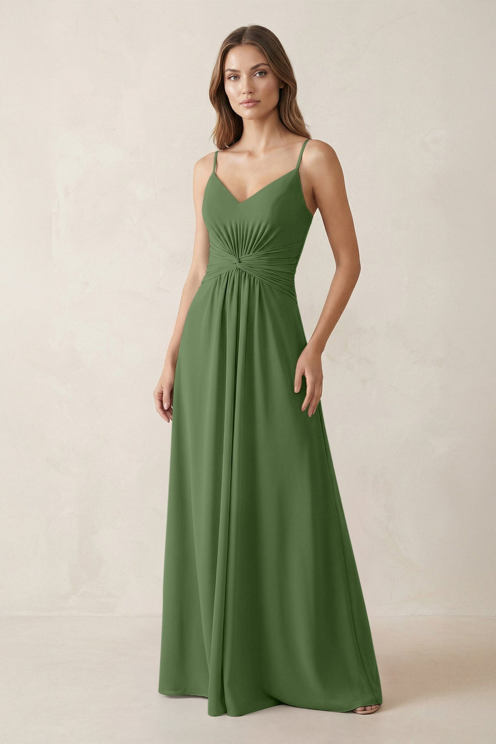 Spaghetti Strap Ruched Chiffon A - Line Bridesmaid Dress in Moss - KissProm Bridesmaid Dresses