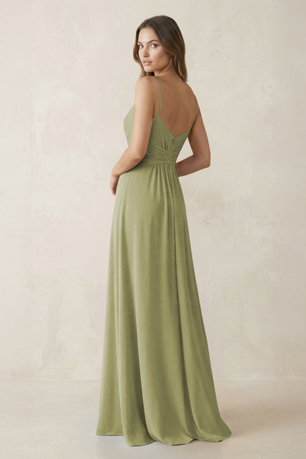 Spaghetti Strap Ruched Chiffon A - Line Bridesmaid Dress in Moss Green - KissProm Bridesmaid Dresses