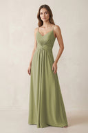 Spaghetti Strap Ruched Chiffon A - Line Bridesmaid Dress in Moss Green - KissProm Bridesmaid Dresses