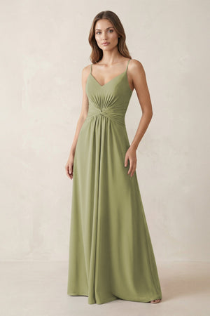 Spaghetti Strap Ruched Chiffon A - Line Bridesmaid Dress in Moss Green - KissProm Bridesmaid Dresses