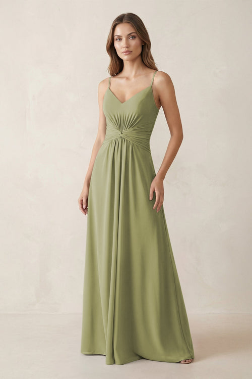 Spaghetti Strap Ruched Chiffon A - Line Bridesmaid Dress in Moss Green - KissProm Bridesmaid Dresses