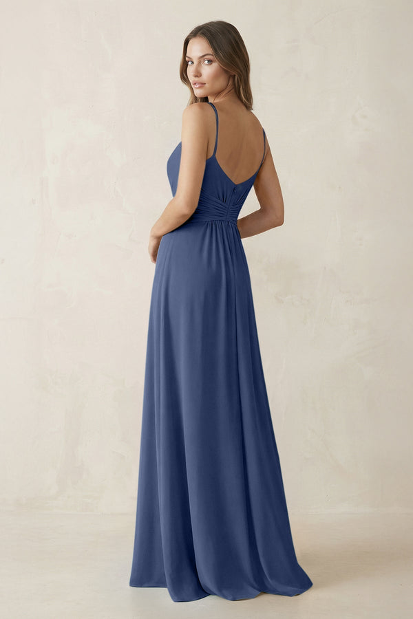 Spaghetti Strap Ruched Chiffon A - Line Bridesmaid Dress in Navy - KissProm Bridesmaid Dresses