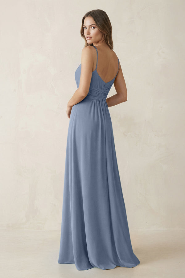 Spaghetti Strap Ruched Chiffon A - Line Bridesmaid Dress in Neptune - KissProm Bridesmaid Dresses