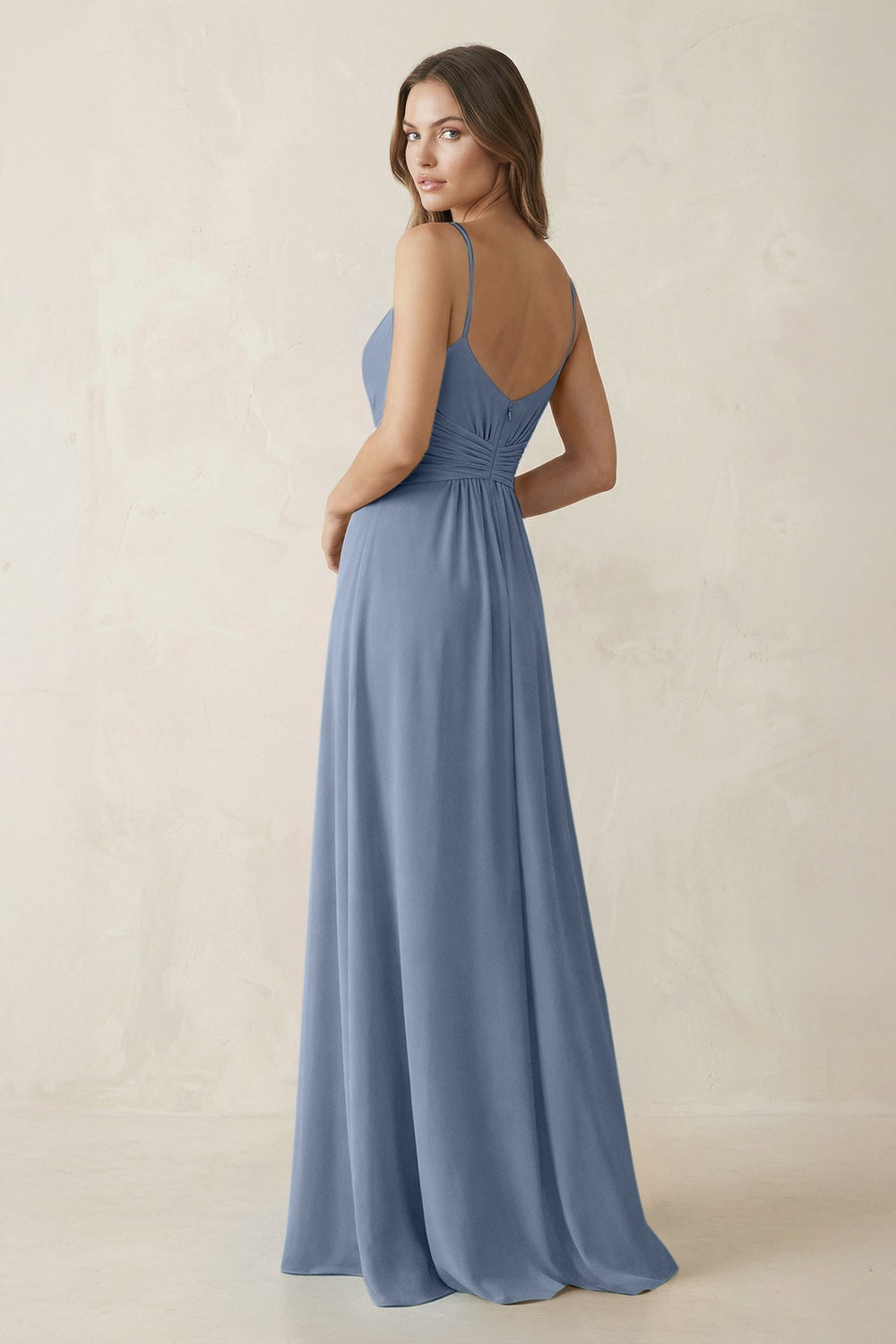 Spaghetti Strap Ruched Chiffon A - Line Bridesmaid Dress in Neptune - KissProm Bridesmaid Dresses