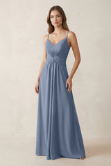 Spaghetti Strap Ruched Chiffon A - Line Bridesmaid Dress in Neptune - KissProm Bridesmaid Dresses