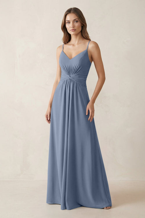 Spaghetti Strap Ruched Chiffon A - Line Bridesmaid Dress in Neptune - KissProm Bridesmaid Dresses