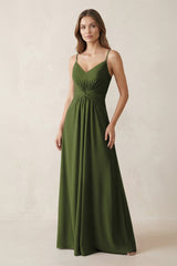 Spaghetti Strap Ruched Chiffon A - Line Bridesmaid Dress in Olive - KissProm Bridesmaid Dresses