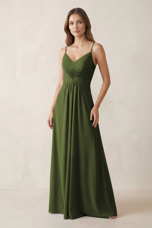 Spaghetti Strap Ruched Chiffon A - Line Bridesmaid Dress in Olive - KissProm Bridesmaid Dresses