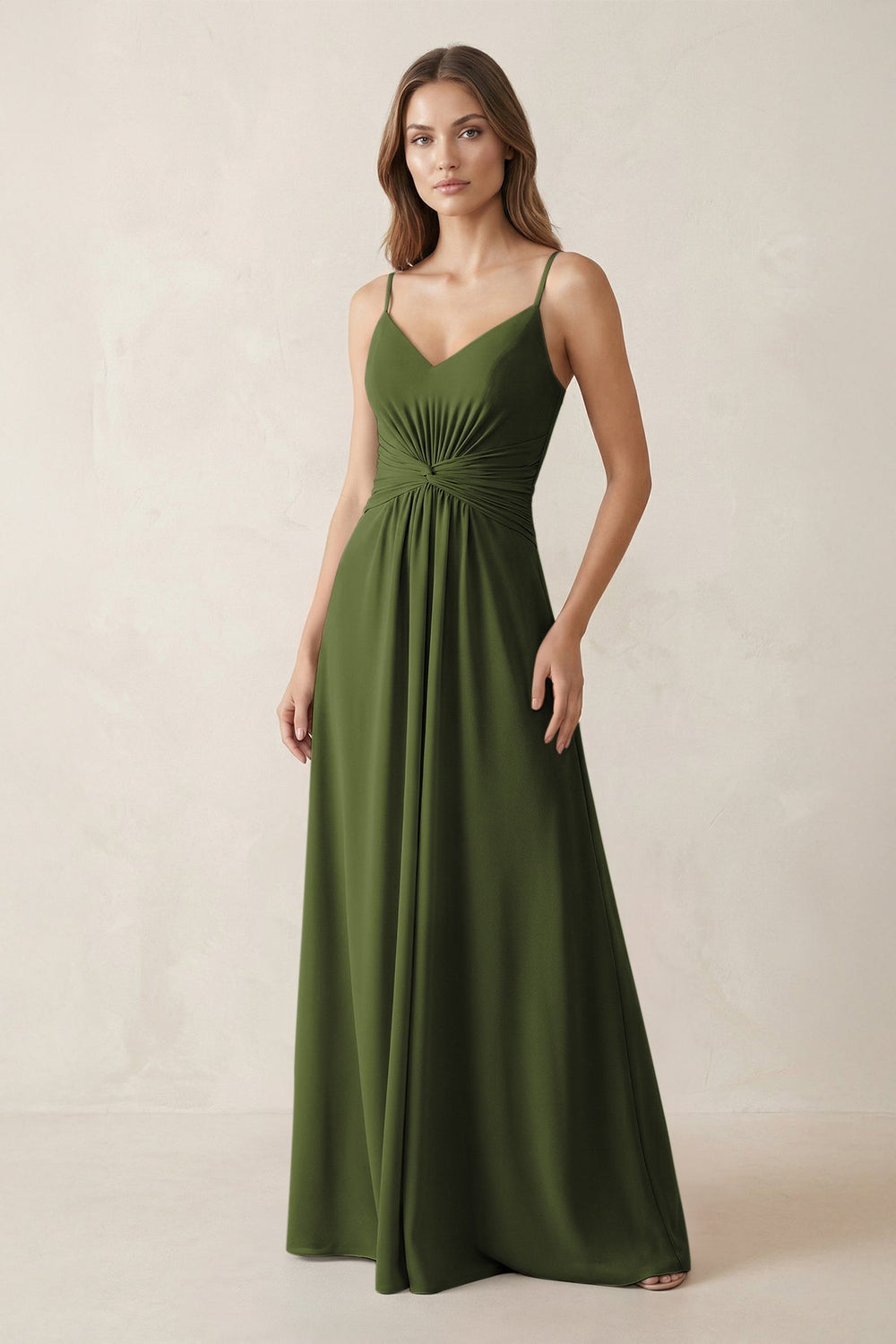 Spaghetti Strap Ruched Chiffon A - Line Bridesmaid Dress in Olive - KissProm Bridesmaid Dresses