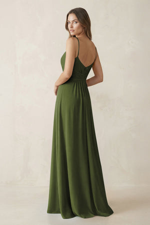 Spaghetti Strap Ruched Chiffon A - Line Bridesmaid Dress in Olive - KissProm Bridesmaid Dresses