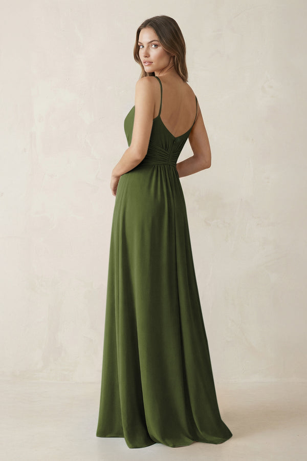 Spaghetti Strap Ruched Chiffon A - Line Bridesmaid Dress in Olive - KissProm Bridesmaid Dresses
