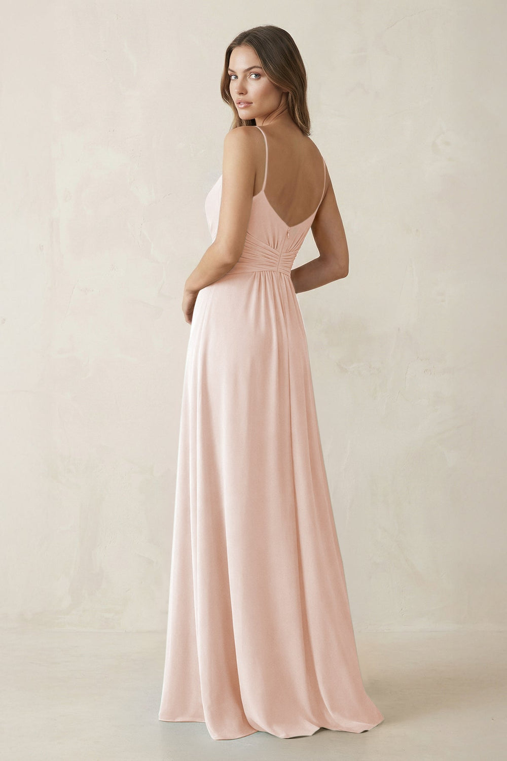 Spaghetti Strap Ruched Chiffon A - Line Bridesmaid Dress in Pale Blush - KissProm Bridesmaid Dresses
