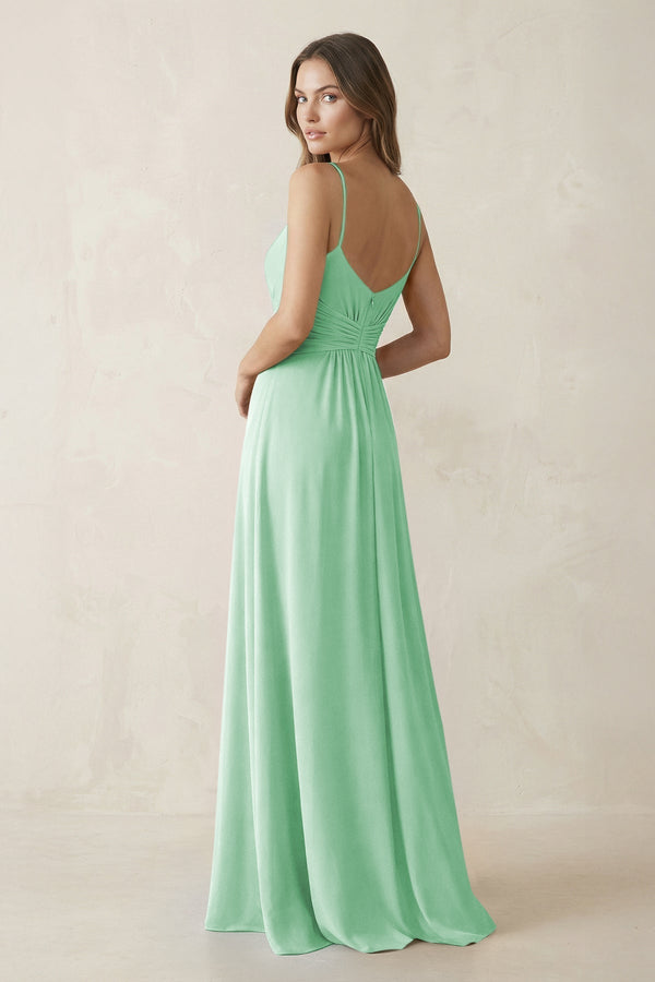 Spaghetti Strap Ruched Chiffon A - Line Bridesmaid Dress in Pale Pistachio - KissProm Bridesmaid Dresses