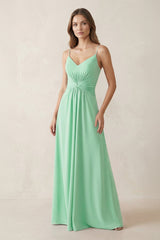 Spaghetti Strap Ruched Chiffon A - Line Bridesmaid Dress in Pale Pistachio - KissProm Bridesmaid Dresses