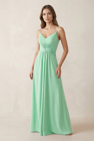 Spaghetti Strap Ruched Chiffon A - Line Bridesmaid Dress in Pale Pistachio - KissProm Bridesmaid Dresses