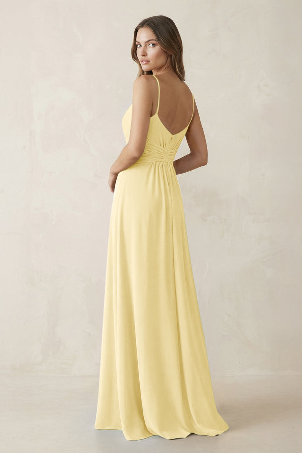 Spaghetti Strap Ruched Chiffon A - Line Bridesmaid Dress in Pastel Yellow - KissProm Bridesmaid Dresses